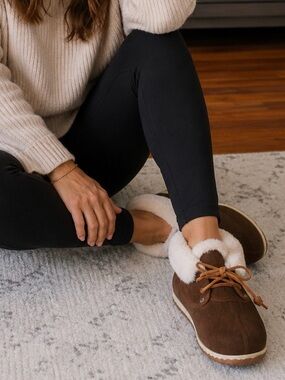 Cozy Brown Shearling-Trim Moccasin Booties